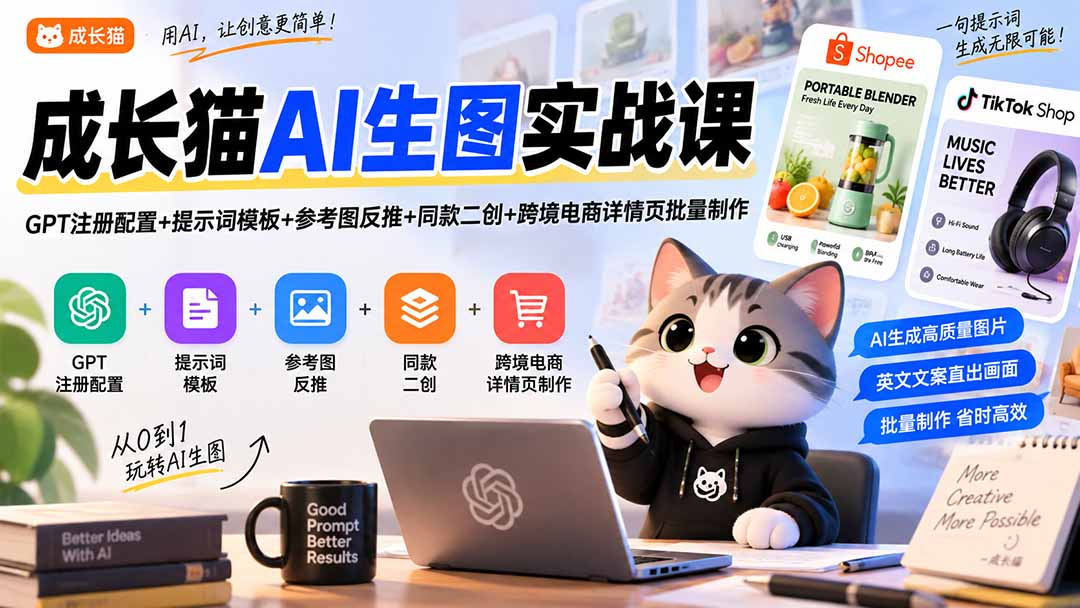 成长猫AI生图实战课｜GPT注册配置+提示词模板+参考图反推+同款二创+跨境电商详情页批量制作-网赚项目平台