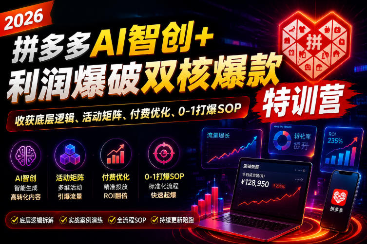 2026拼多多AI智创+利润爆破双核爆款特训营，收获底层逻辑、活动矩阵、付费优化、0-1打爆SOP(更新0727)-网赚项目平台