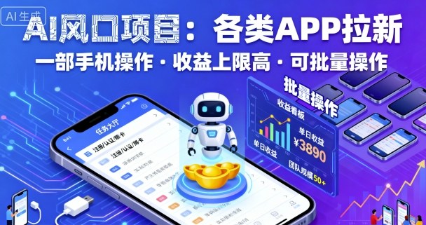 AI风口项目，各类APP拉新，一部手机就可以操作，收益上限高，可批量操作-网赚项目平台
