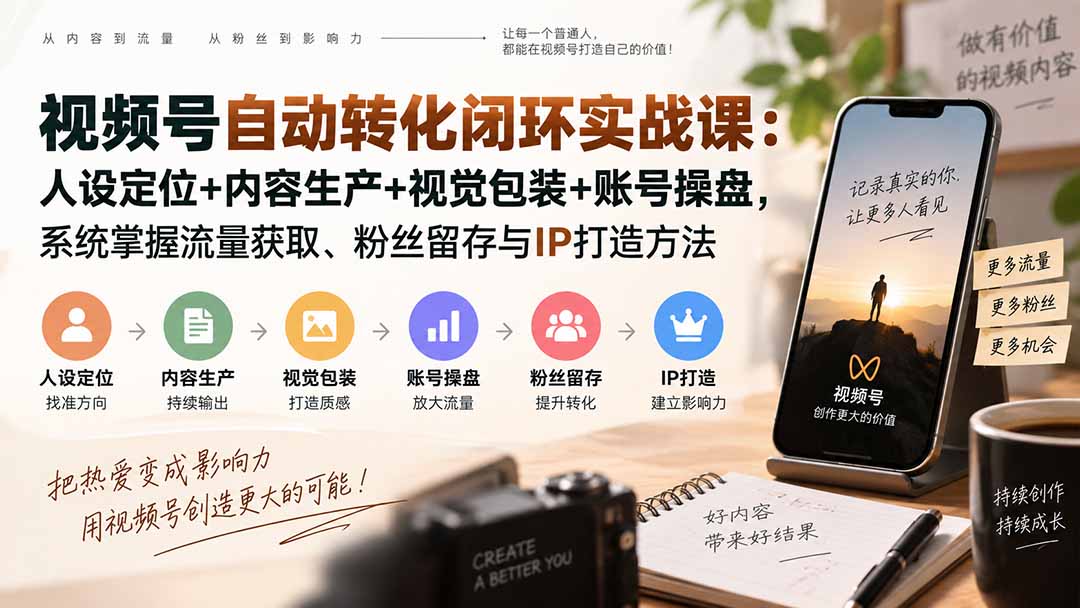 视频号自动转化闭环实战课：人设定位+内容生产+视觉包装+账号操盘，系统掌握流量获取、粉丝留存与IP打造方法-网赚项目平台