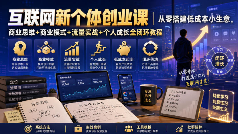 互联网新个体创业课｜从零搭建低成本小生意，商业思维+商业模式+流量实战+个人成长全闭环教程(更新0922)-网赚项目平台