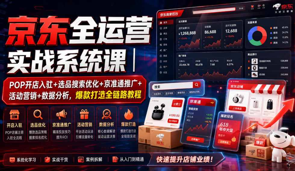 京东全运营实战系统课｜POP开店入驻+选品搜索优化+京准通推广+活动营销+数据分析，爆款打造全链路教程-网赚项目平台