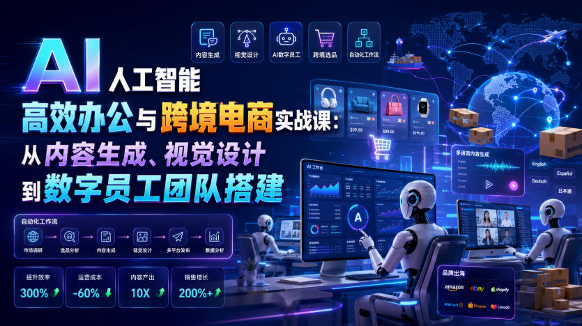AI人工智能高效办公与跨境电商实战课：从内容生成、视觉设计到数字员工团队搭建-网赚项目平台