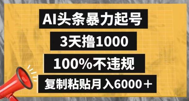 AI头条暴力起号，3天撸1000,100%不违规，复制粘贴月入6000＋【揭秘】-网赚项目平台