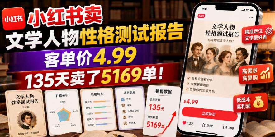 小红书卖文学人物性格测试报告,客单价4.99,135天卖了5169单!-网赚项目平台