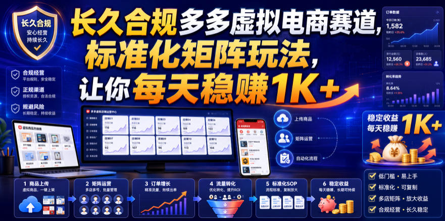 长久合规多多虚拟电商赛道，标准化矩阵玩法，让你每天稳賺1K+【揭秘】-网赚项目平台