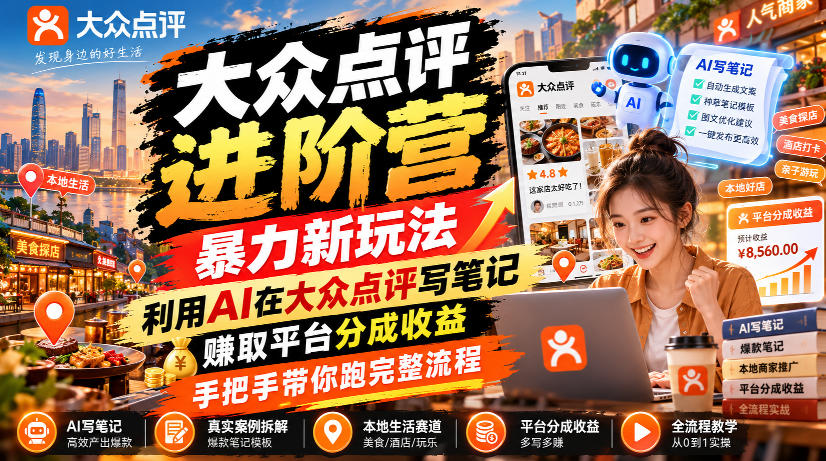 大众点评进阶营，暴力新玩法，利用AI在大众点评写笔记， 賺取平台分成收益，手把手带你跑完整流程-网赚项目平台
