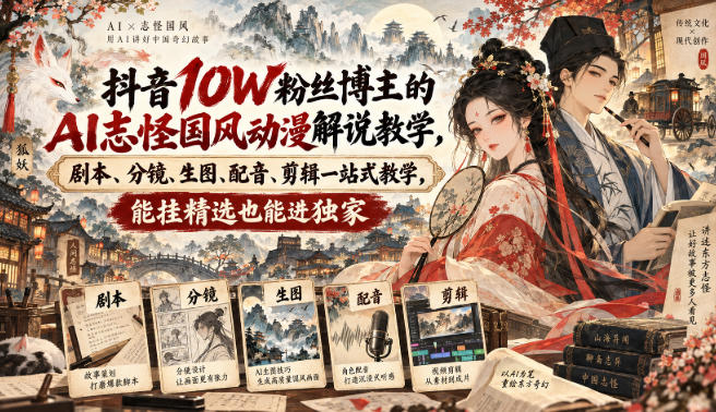 抖音10W粉丝博主满堂诡事的AI志怪国风动漫解说教学，剧本、分镜、生图、配音、剪辑一站式教学，能挂精选也能进独家​-网赚项目平台