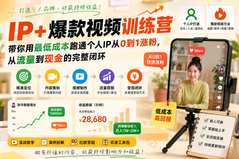 IP+爆款视频训练营,带你用最低成本跑通个人IP从0到1涨粉,从流量到现金的完整闭环-网赚项目平台