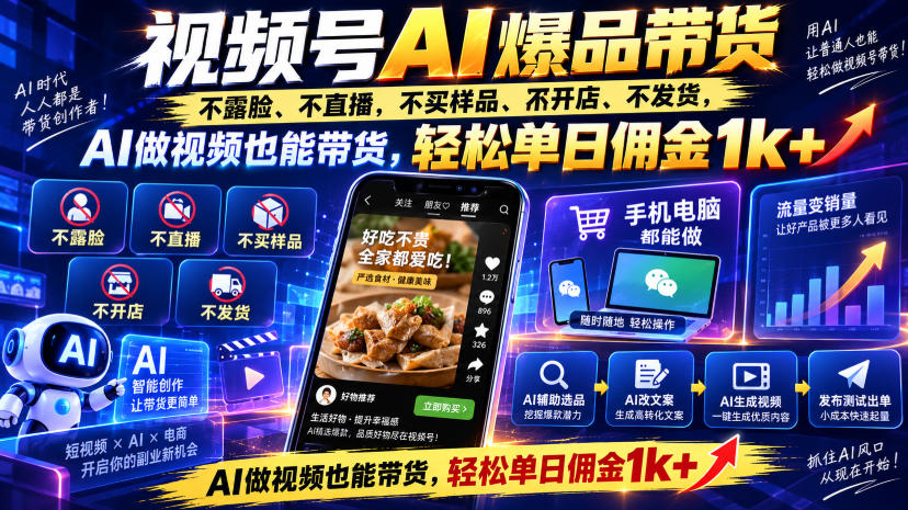 视频号Ai爆品带货，不露脸、不直播、不买样品、不开店、不发货，AI做视频也能带货，轻松单日佣金1k+-网赚项目平台