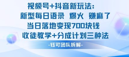 视频号加抖音新玩法:爆火新型每日语录,收徒教学加分成计划,三种变现玩法,当日变现7张-网赚项目平台