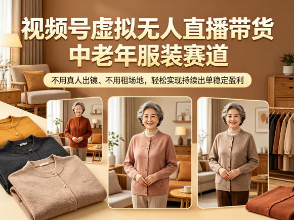 视频号虚拟无人直播带货中老年服装赛道,不用真人出镜、不用租场地,轻松实现持续出单稳定盈利-网赚项目平台