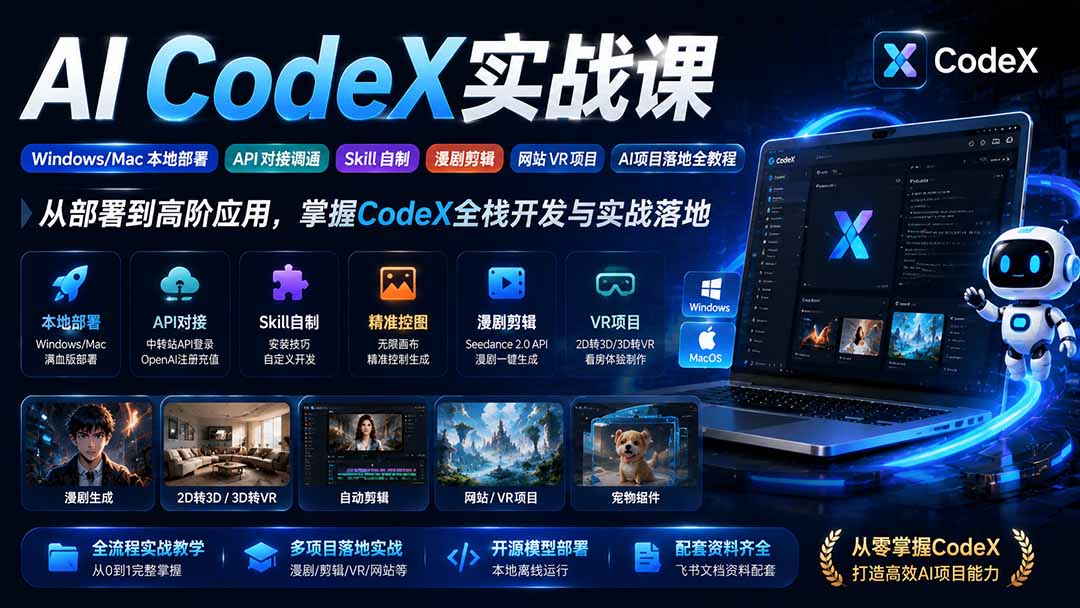 AI  CodeX实战课｜Windows/Mac 本地部署｜API 对接调通｜Skill 自制｜漫剧剪辑｜网站 VR 项目｜AI项目落地全教程-网赚项目平台