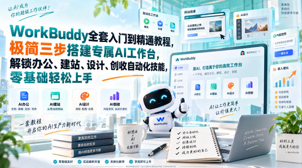 WorkBuddy全套入门到精通教程，极简三步搭建专属AI工作台，解锁办公、建站、设计、创收自动化技能，零基础轻松上手-网赚项目平台