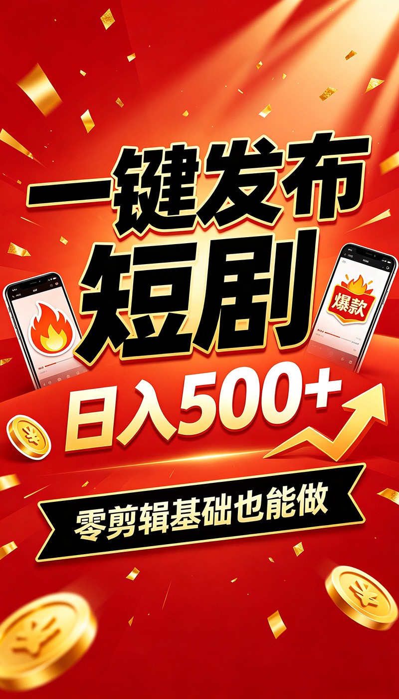 快手短剧一键发布，不用剪辑操作简单，副业日入500+。空闲时间轻松赚收益-网赚项目平台