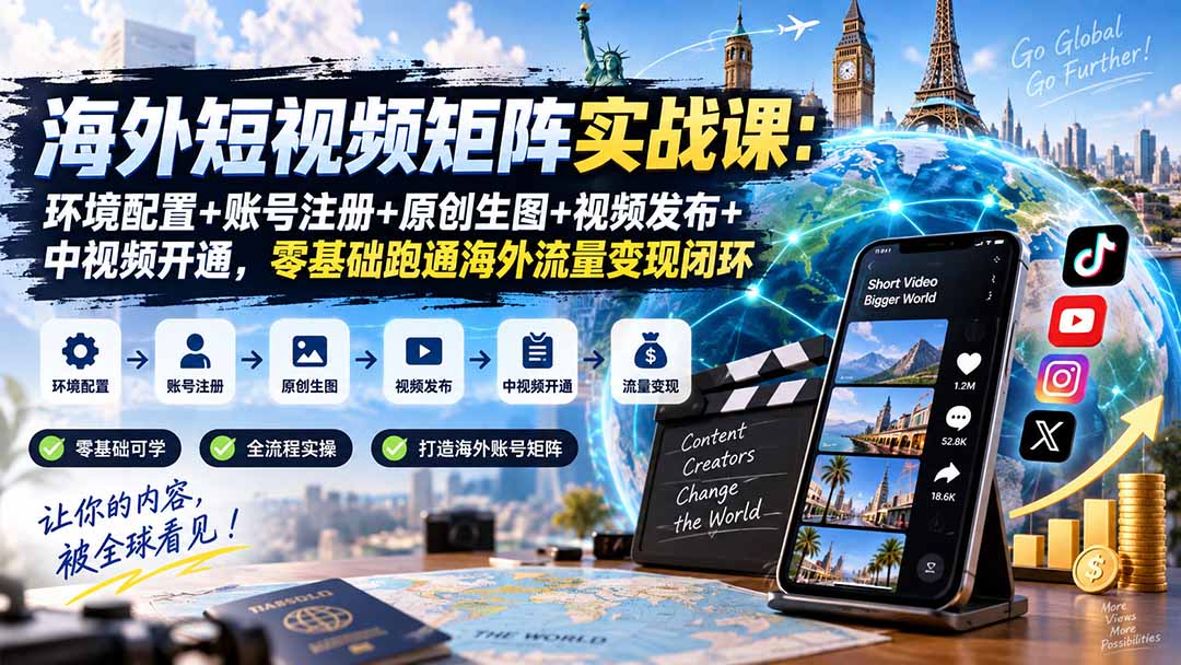 海外短视频矩阵实战课：环境配置+账号注册+原创生图+视频发布+中视频开通，零基础跑通海外流量变现闭环-网赚项目平台