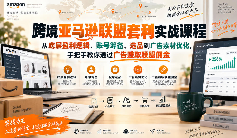 跨境亚马逊联盟套利实战课程，从底层盈利逻辑、账号筹备、选品到广告素材优化，手把手教你通过广告賺取联盟佣金-网赚项目平台
