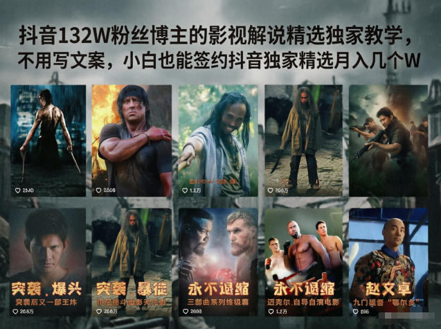 抖音132W粉丝博主的影视解说精选独家教学，不用写文案，小白也能签约抖音独家精选月入几个W-网赚项目平台