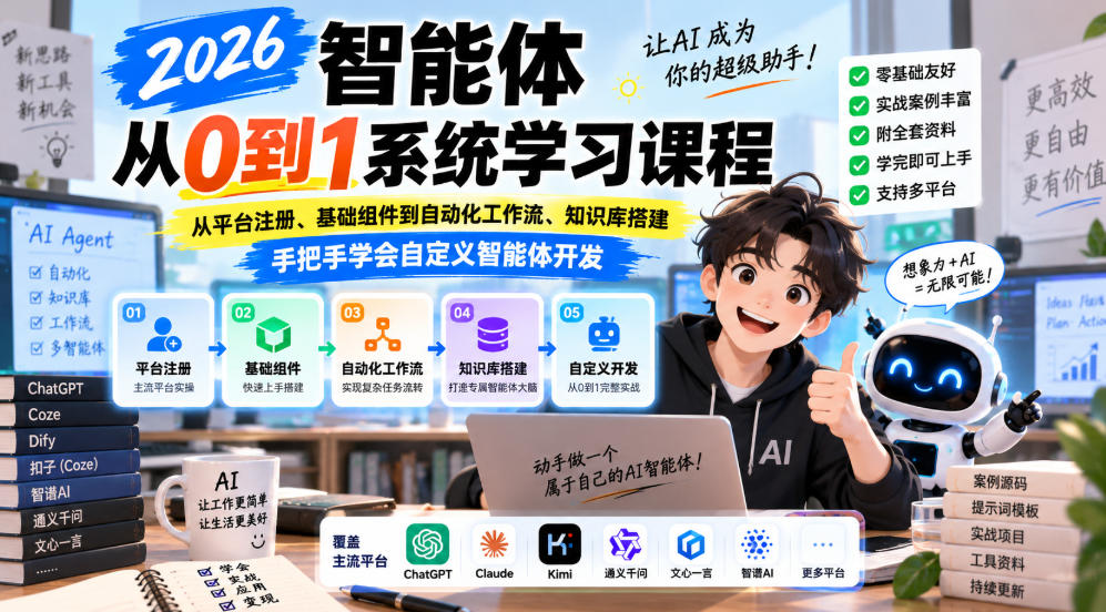 2026智能体从0到1系统学习课程，从平台注册、基础组件到自动化工作流、知识库搭建，手把手学会自定义智能体开发-网赚项目平台