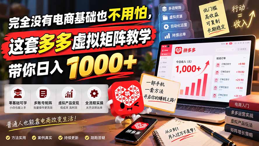 完全没有电商基础也不用怕，这套多多虚拟矩阵教学带你日入 1000+-网赚项目平台
