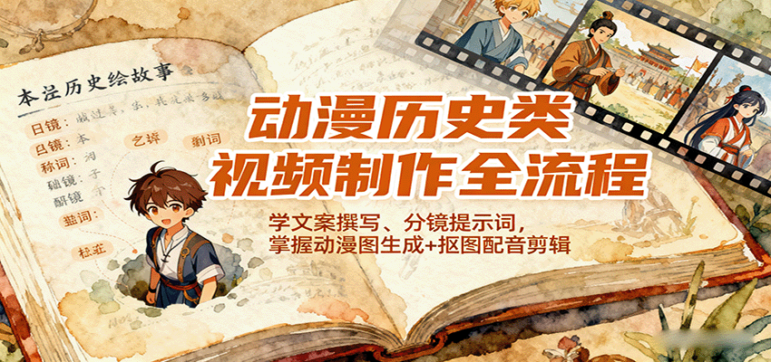 动漫历史类视频制作全流程，学文案撰写、分镜提示词，掌握动漫图生成+抠图配音剪辑-网赚项目平台