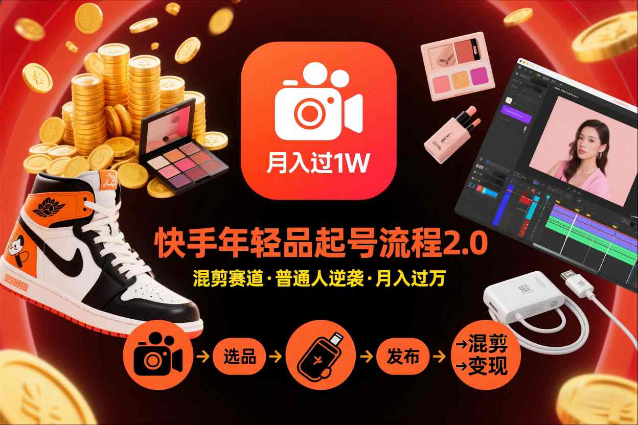 快手短视频带货年轻品起号流程2.0，快手年轻品混剪赛道，普通人也能月入过1W-网赚项目平台