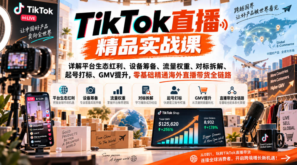 TikTok直播精品实战课，详解平台生态红利、设备筹备、流量权重、对标拆解、起号打标、GMV提升，零基础精通海外直播带货全链路-网赚项目平台