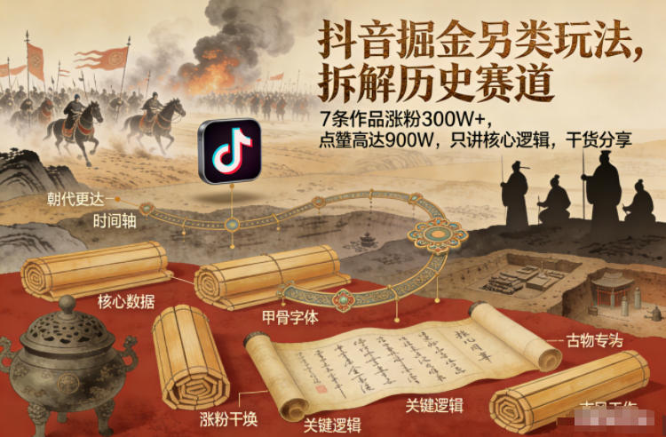 抖音掘金另类玩法，拆解历史赛道，7条作品涨粉300W+，点赞量高达900W，只讲核心逻辑，干货分享-网赚项目平台