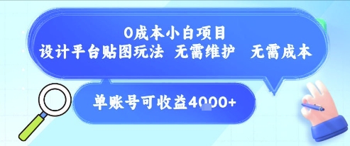 0成本小白项目，设计平台贴图玩法，无需维护，无需成本，单账号单月可产生收益4k+-网赚项目平台