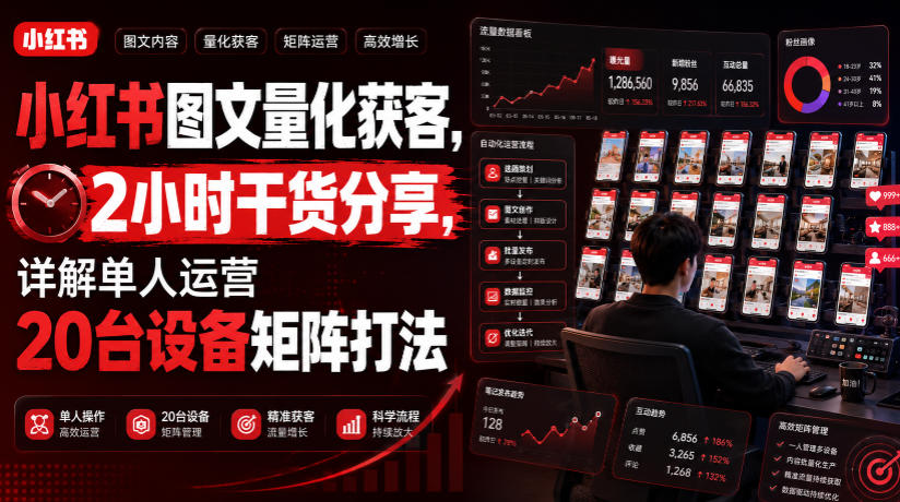 小红书图文量化获客，2小时干货分享，详解单人运营20台设备矩阵打法-网赚项目平台