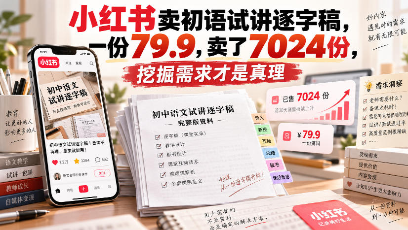 小红书卖初语试讲逐字稿，一份79.9，卖了7024份，挖掘需求才是真理-网赚项目平台
