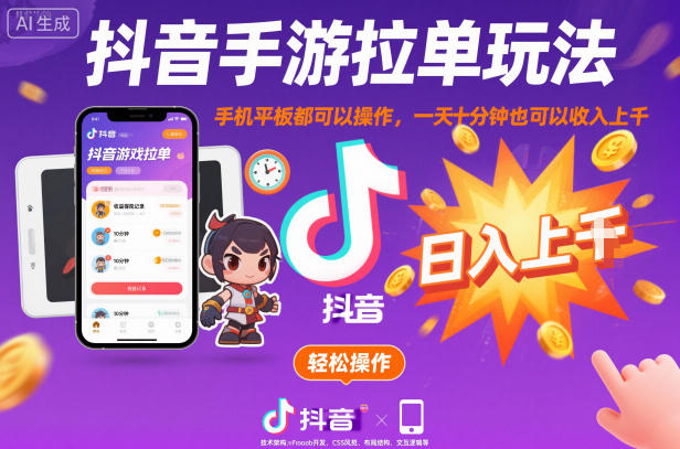 抖音手游拉单玩法，手机平板都可以操作，一天十分钟也可以收入上K【揭秘】-网赚项目平台