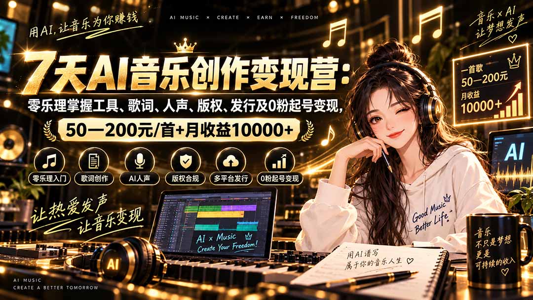 AI音乐创作变现营:零乐理掌握工具、歌词、人声、版权、发行及0粉起号变现,50—200元/首+月收益10000+-网赚项目平台