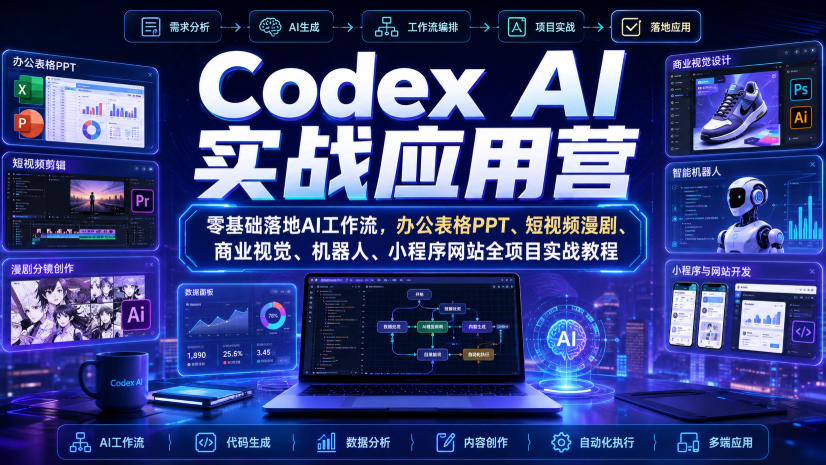 Codex AI实战应用营｜零基础落地AI工作流，办公表格PPT、短视频漫剧、商业视觉、机器人、小程序网站全项目实战教程-网赚项目平台