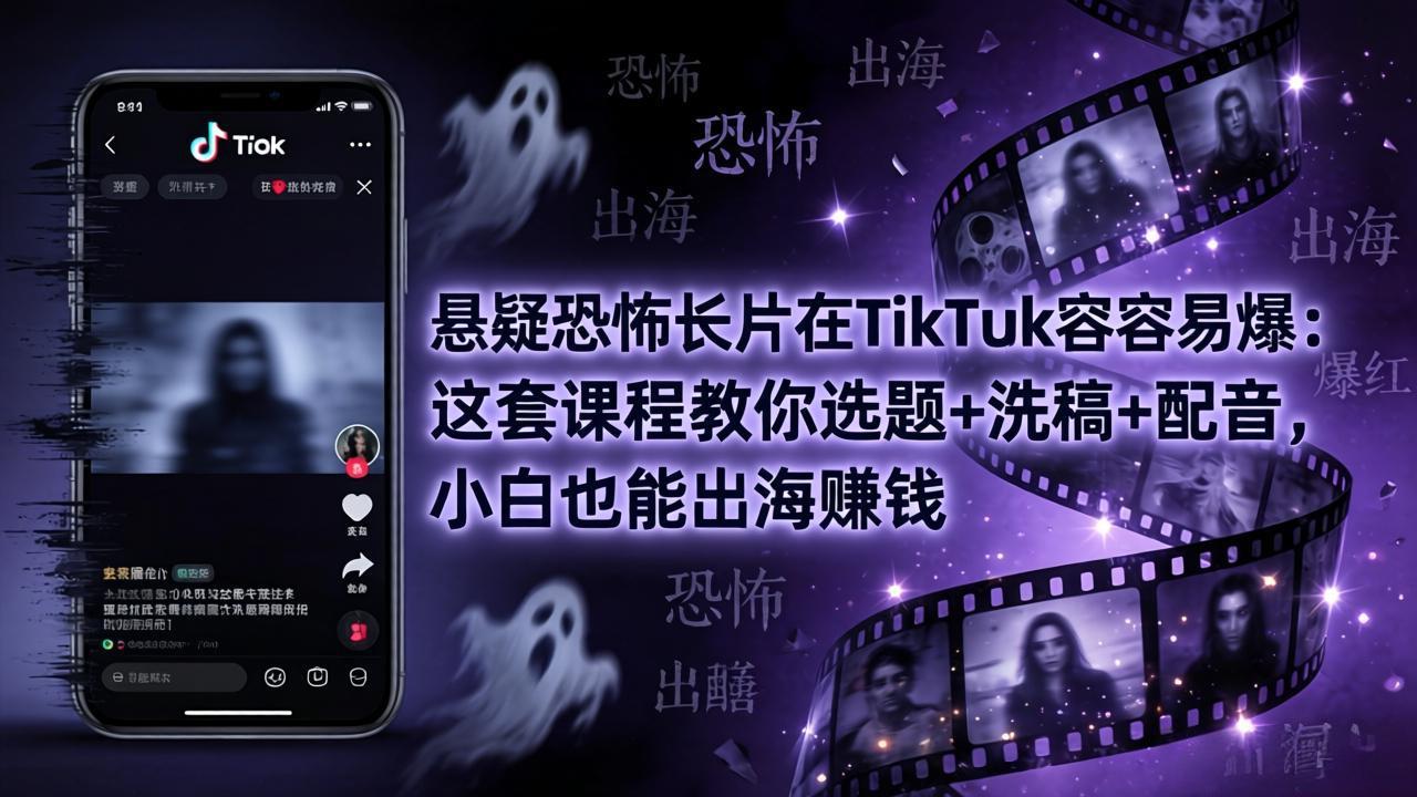 悬疑恐怖长片在TikTok最容易爆：这套课程教你选题+洗稿+配音，小白也能出海赚钱-网赚项目平台