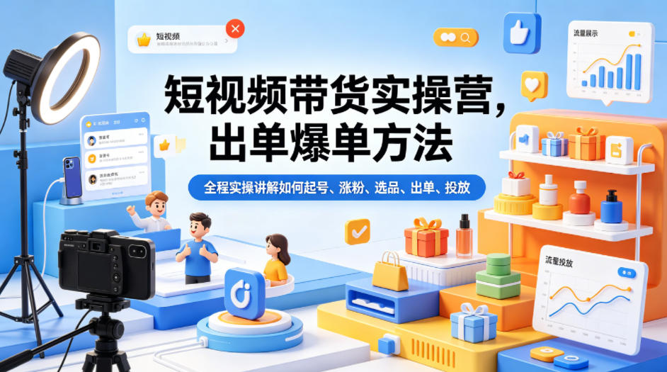 短视频带货实操营，出单爆单方法，全程实操讲解如何起号、涨粉、选品、出单、投放(更新0515)-网赚项目平台