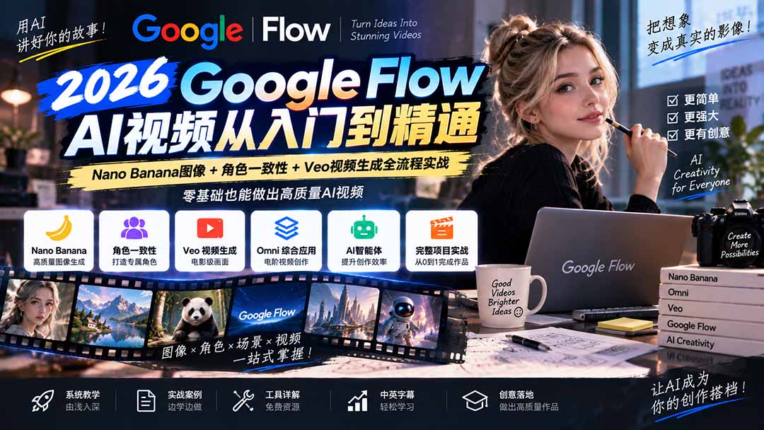 【无水印】Google Flow AI视频从入门到精通：Nano Banana图像+角色一致性+Veo视频生成全流程实战-精翻中英字幕-网赚项目平台