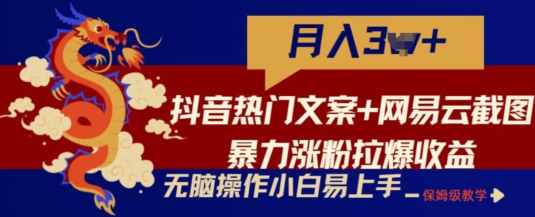 抖音热门文案+网易云截图暴力涨粉拉爆收益玩法，小白无脑操作，简单易上手【揭秘】-网赚项目平台