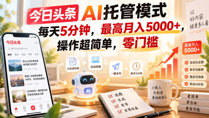 今日头条AI托管模式,每天5分钟,最高月入5000+,操作超简单,零门槛【揭秘】-网赚项目平台