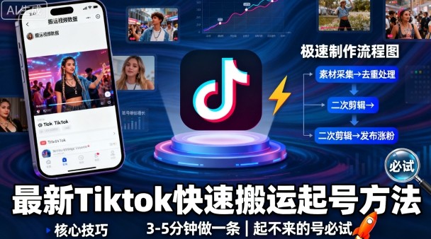 最新Tiktok快速搬运快速起号方法，3-5分钟做一条，起不来的号可以试试-网赚项目平台