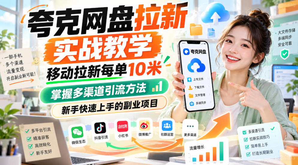 夸克网盘拉新实战教学，移动拉新每单10米，掌握多渠道引流方法，新手快速上手的副业项目-网赚项目平台