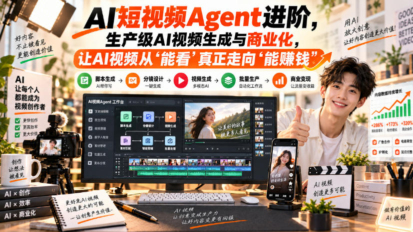 AI短视频Agent进阶,生产级AI视频生成与商业化,让AI视频从”能看”真正走向”能賺钱”-网赚项目平台
