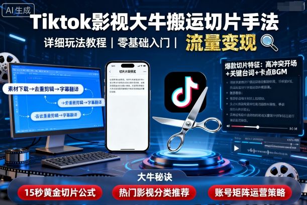Tiktok影视大牛搬运切片手法，详细玩法教程-网赚项目平台
