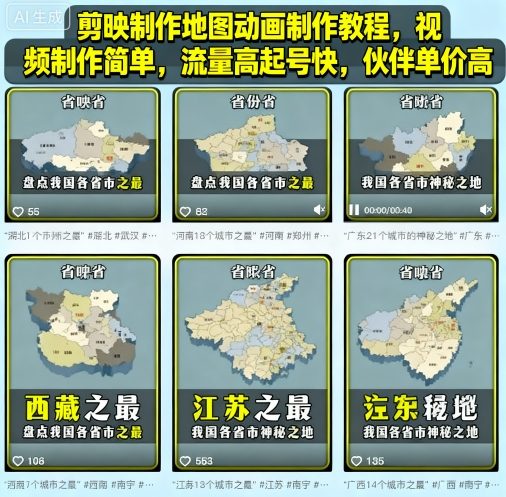 剪映制作地图动画制作教程，视频制作简单，流量高起号快，伙伴单价高-网赚项目平台