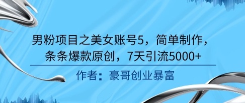 男粉项目之美女账号5，简单制作，条条爆款原创，7天引流5000+-网赚项目平台