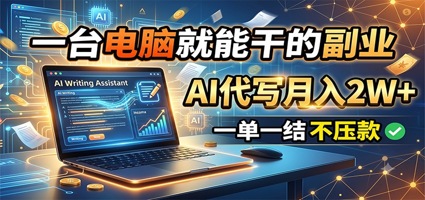 一台电脑就能干的副业，AI代写月入2W+，一单一结不压款-网赚项目平台