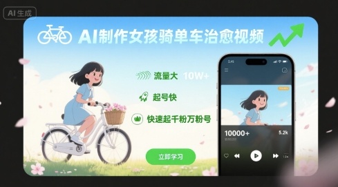 AI制作女孩骑单车治愈视频，流量大，起号快，快速起千粉万粉号-网赚项目平台