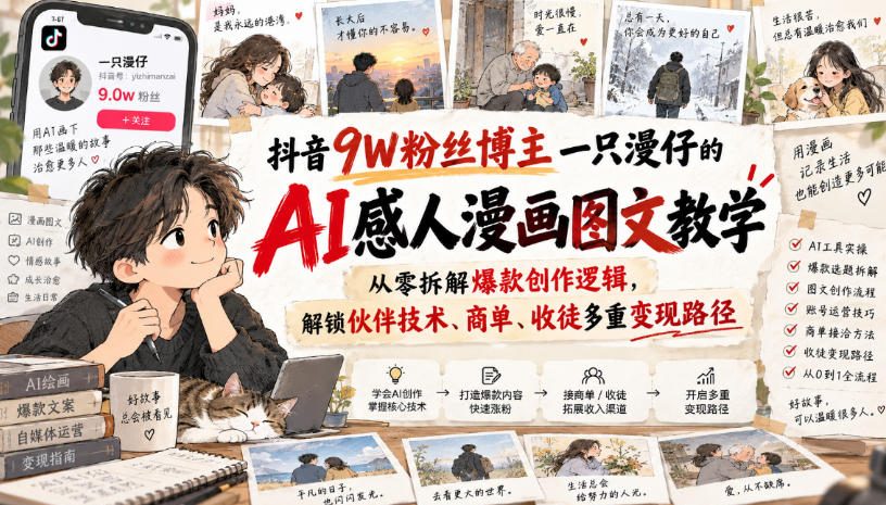 抖音9W粉丝博主一只漫仔的AI感人漫画图文教学，从零拆解爆款创作逻辑，解锁伙伴技术、商单、收徒多重变现路径-网赚项目平台