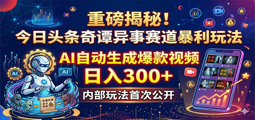 重磅揭秘！今日头条奇谭异事赛道暴利玩法：AI自动生成爆款视频，日入300+-网赚项目平台