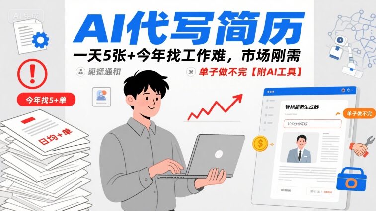 AI代写简历,一天5张+今年找工作难,市场刚需,单子做不完【附AI工具】-网赚项目平台